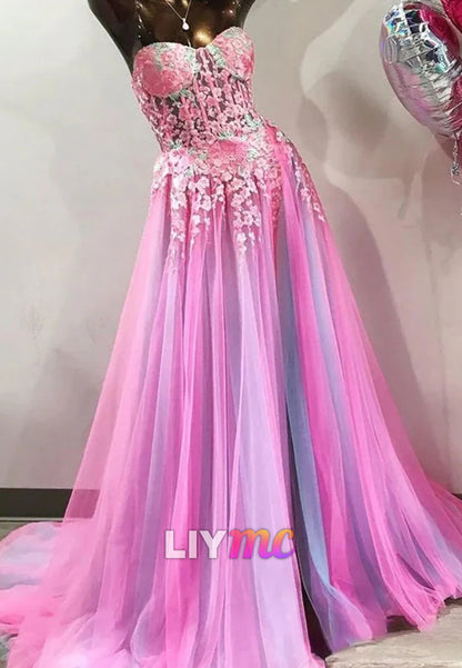 A-line Sweetheart Applique Lace Long Prom Dress with Slit