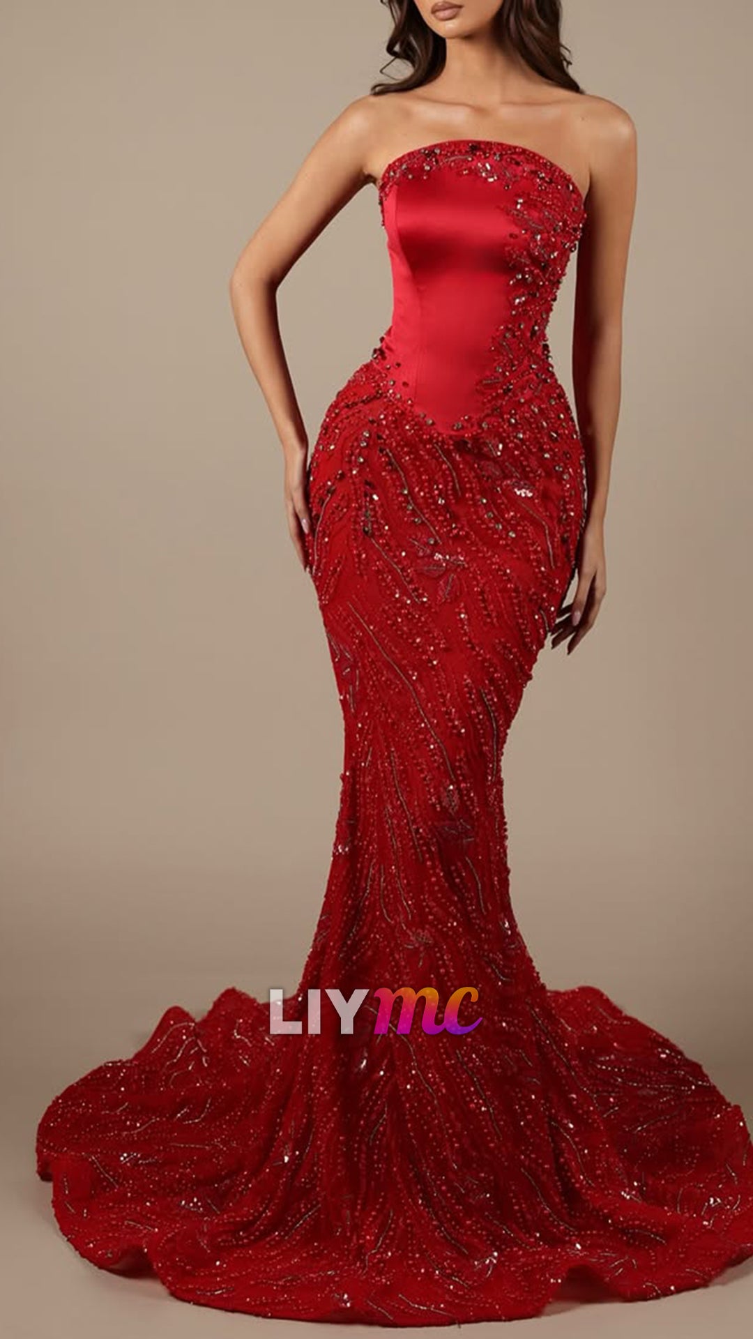 Glamorous Red Straight Across Sleeveless Beadings Mermaid Prom Dress