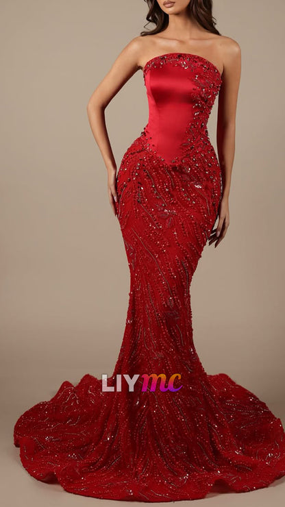 Glamorous Red Straight Across Sleeveless Beadings Mermaid Prom Dress