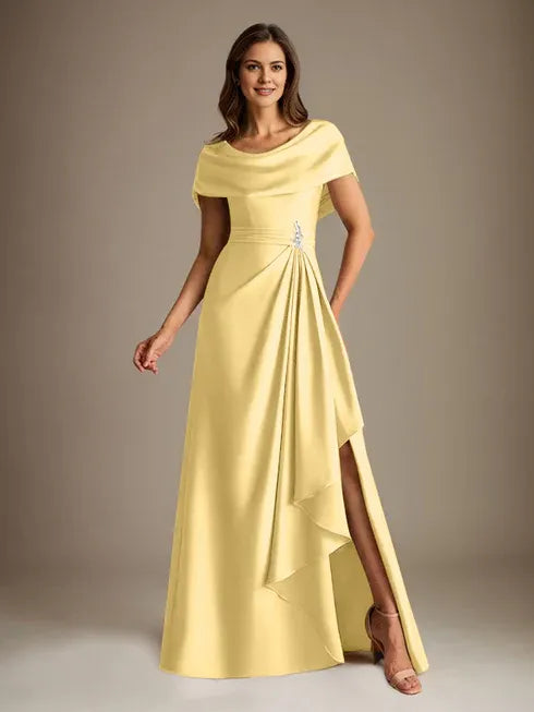 A-Line Scoop Floor-Length Stretch Satin Mother of the Bride Dress With Cascading Ruffles