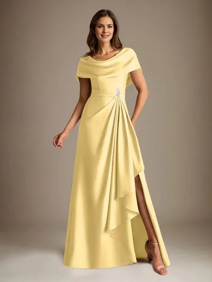 A-Line Scoop Floor-Length Stretch Satin Mother of the Bride Dress With Cascading Ruffles