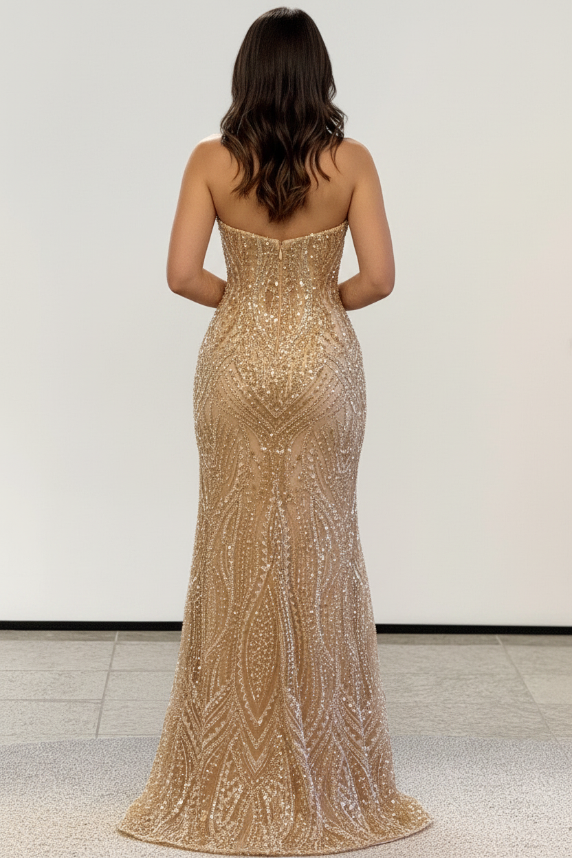 Gold V-Neck Strapless Beaded Side Slit Sparkly Sheath Prom Dress