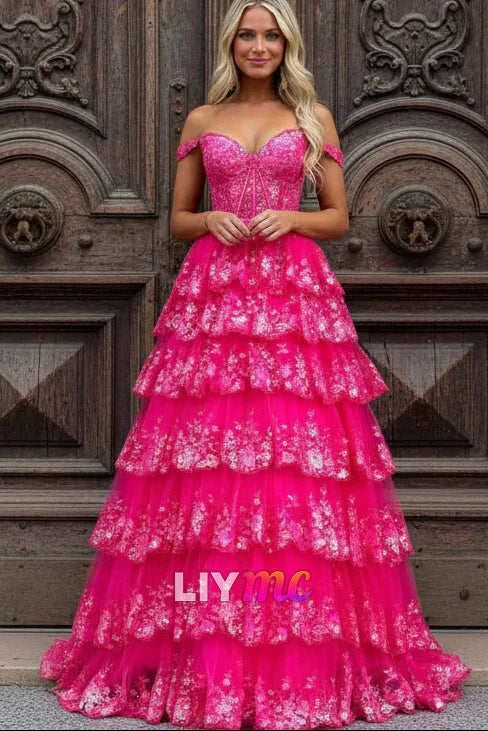 Sparkly Gorgeous A-Line Off The Shoulder Long Prom Dress with Sequin Appliques