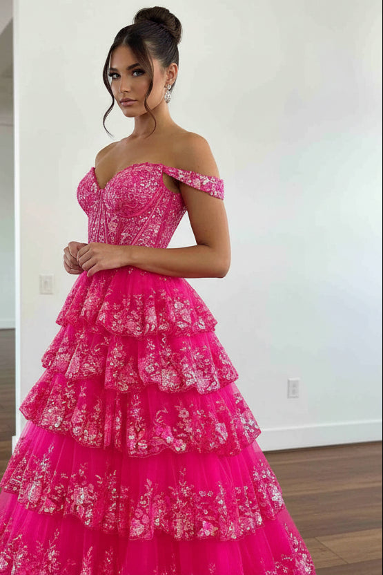 Sparkly Gorgeous A-Line Off The Shoulder Long Prom Dress with Sequin Appliques