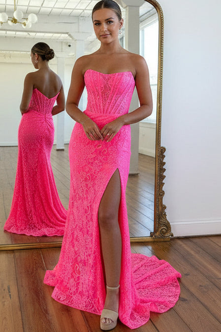 Romantic Lavender Mermaid Strapless Long Lace Prom Dress With Slit