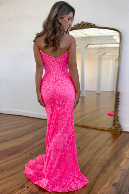 Romantic Lavender Mermaid Strapless Long Lace Prom Dress With Slit