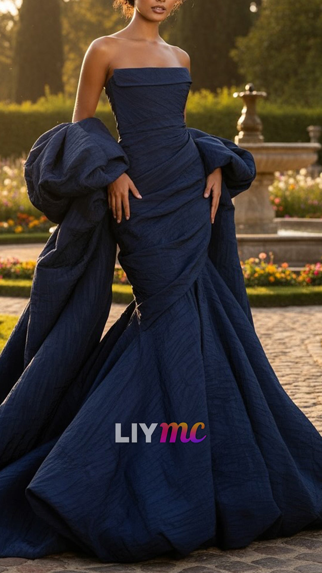 Graceful Dark Navy Straight Across Strapless Pleated Mermaid Prom Dress