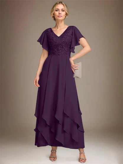 A-line V-Neck Ankle-Length Lace Chiffon Mother of the Bride Dress With Cascading Ruffles