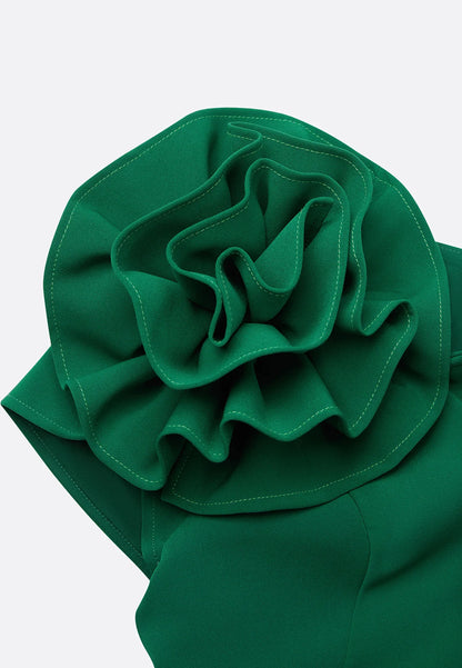 Green 3D Floral Ruched V Neck Sheath Midi Dress