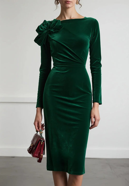 Green Bow Ruched Velvet Boat Neck Long Sleeve Sheath Midi Dress