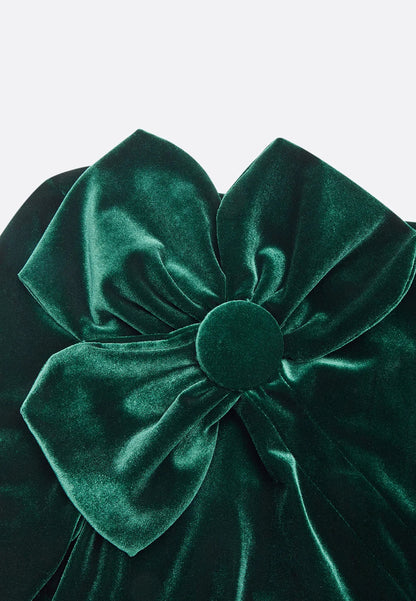 Green Bow Ruched Velvet Boat Neck Long Sleeve Sheath Midi Dress