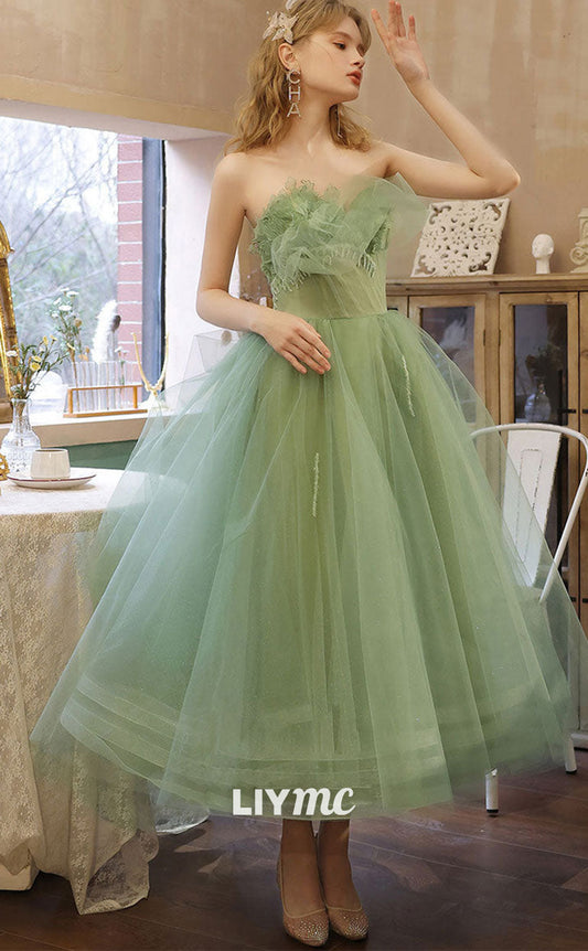 LP1889 - Green Sweetheart Neck Tea Length Tulle Prom Dresses, Short Green Sweet 16