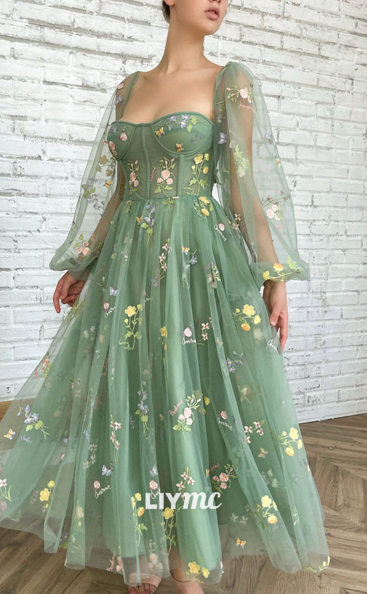 LP1916 - Green Tulle Lace Tea Length Prom Dress, Green Evening Dress