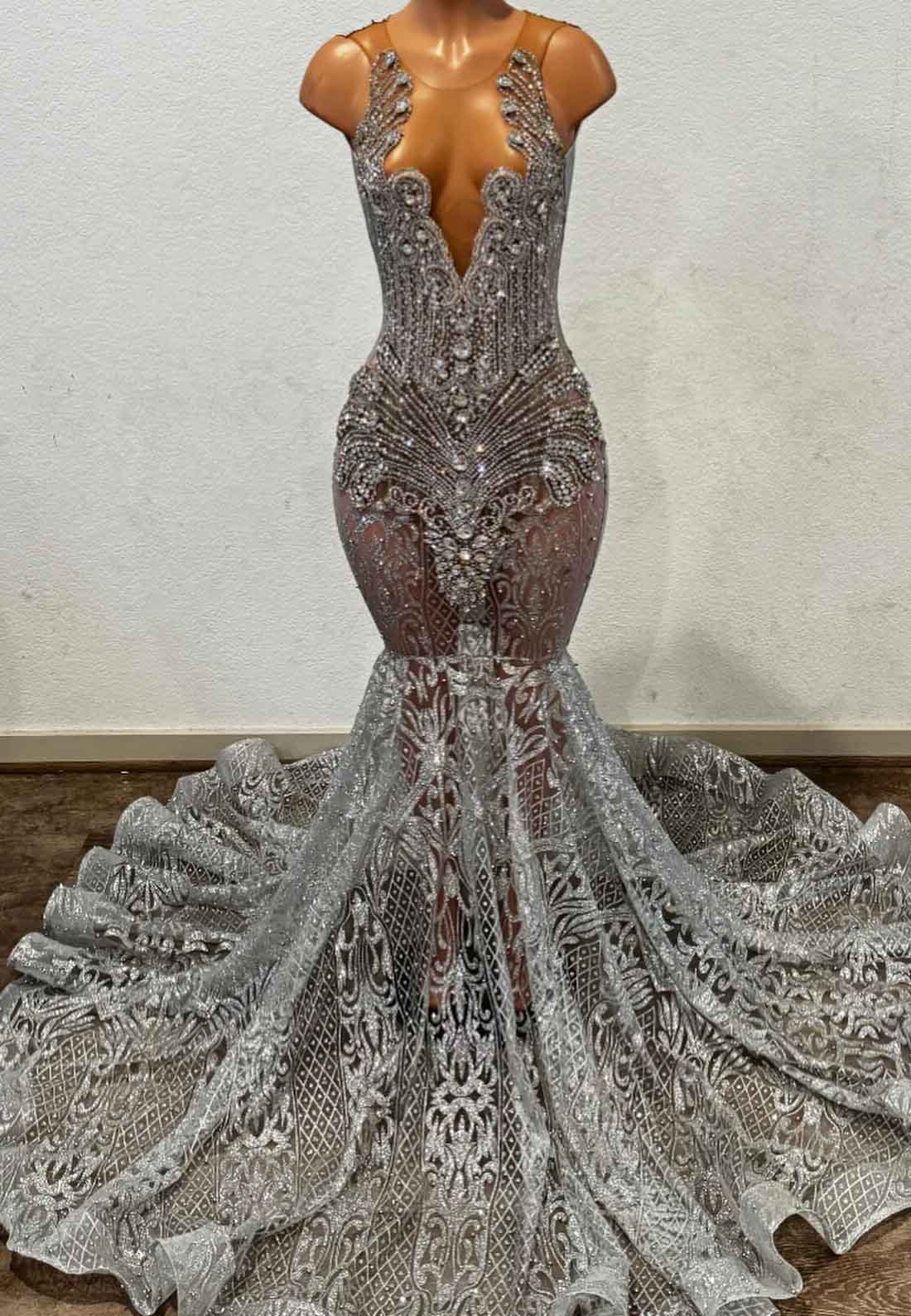 Grey Sparkly Appliques Sheer Beaded Mermaid Prom Dress for Black Girls