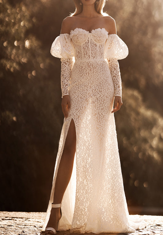Sweetheart Long Sleeves Lace Appliques High Slit Sheath Beach Wedding Dress