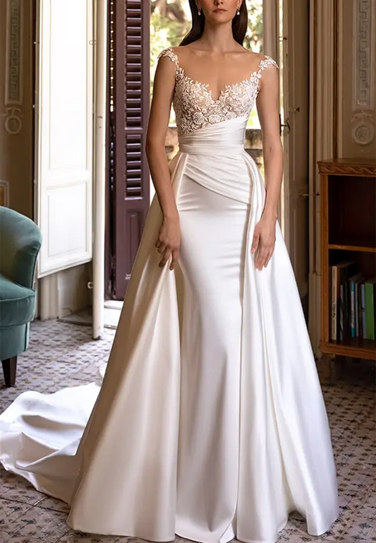V-Neck Spaghetti Straps Appliques Ruched Mermaid Weddding Dress