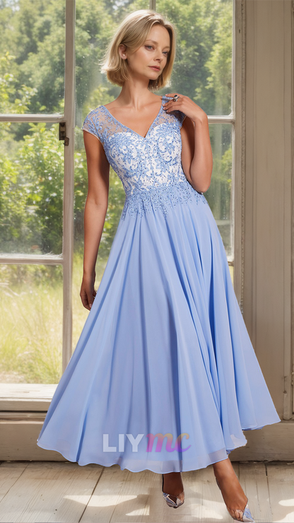 M1156 - V-Neck Sleeveless Appliques A-Line Chiffon Mother of Bride Wedding Guest Dress