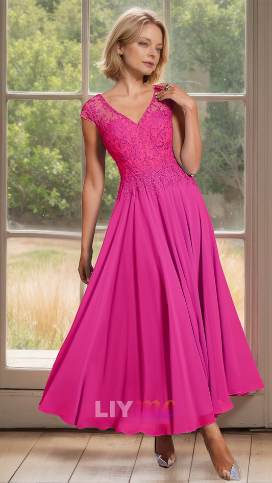 M1156 - V-Neck Sleeveless Appliques A-Line Chiffon Mother of Bride Wedding Guest Dress