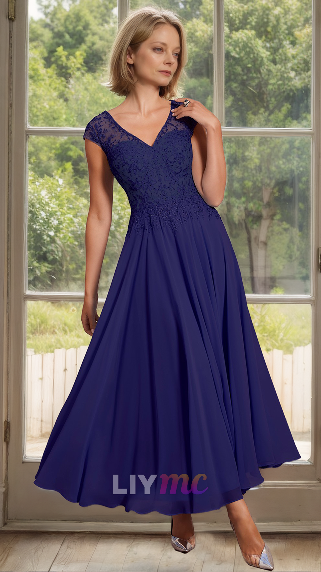 M1156 - V-Neck Sleeveless Appliques A-Line Chiffon Mother of Bride Wedding Guest Dress