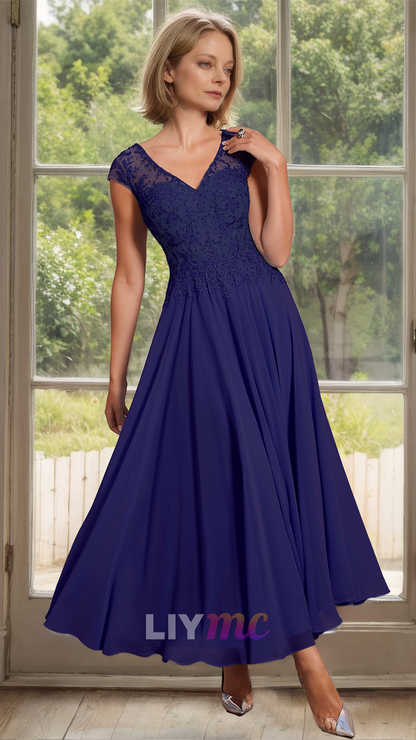 M1156 - V-Neck Sleeveless Appliques A-Line Chiffon Mother of Bride Wedding Guest Dress