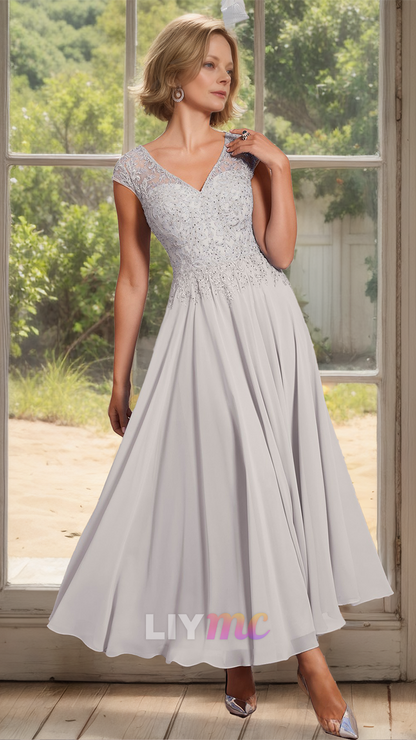 M1156 - V-Neck Sleeveless Appliques A-Line Chiffon Mother of Bride Wedding Guest Dress