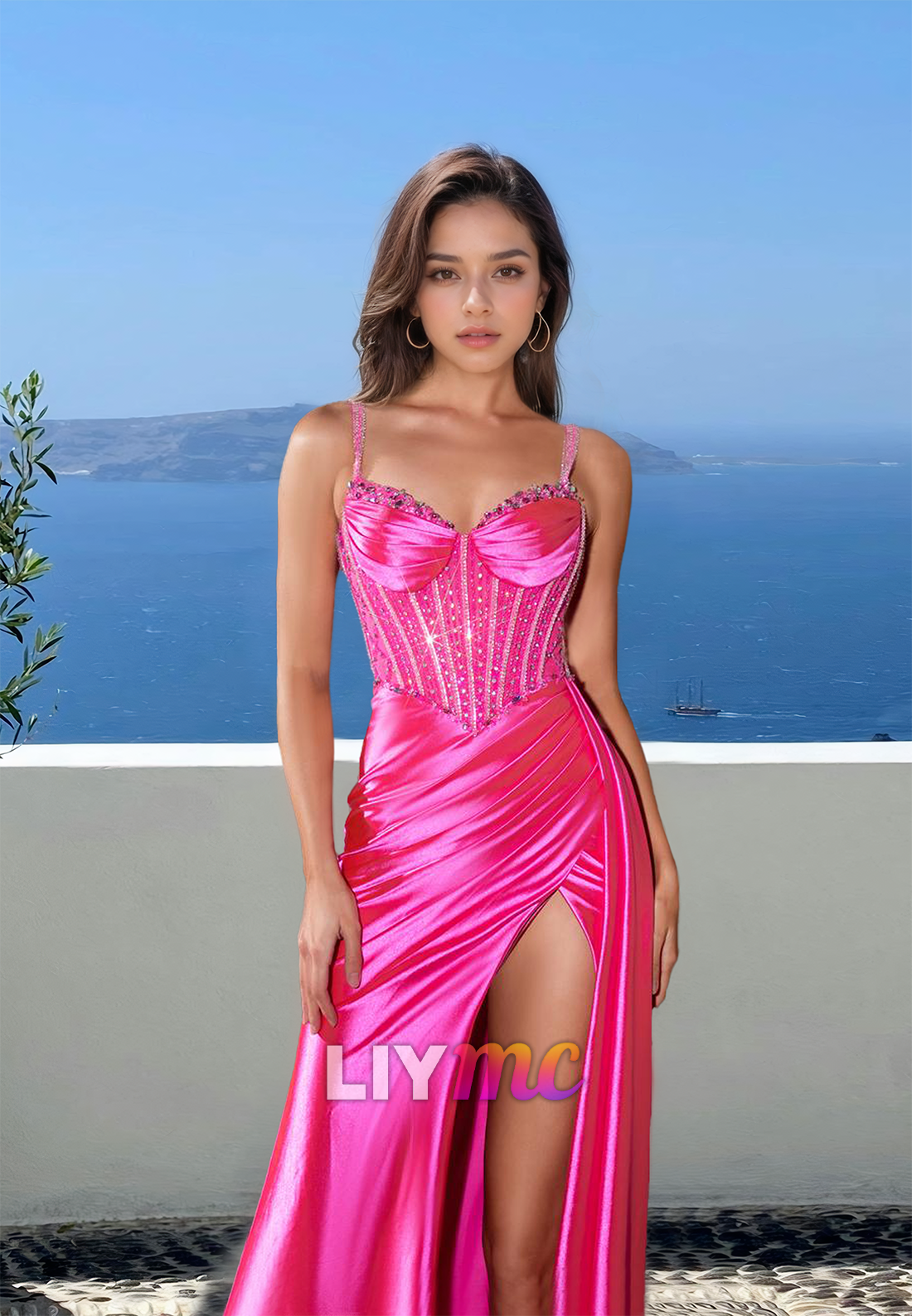 Sweetheart Spaghetti Straps Beaded Pleated Side Slit Sheath Prom Dress