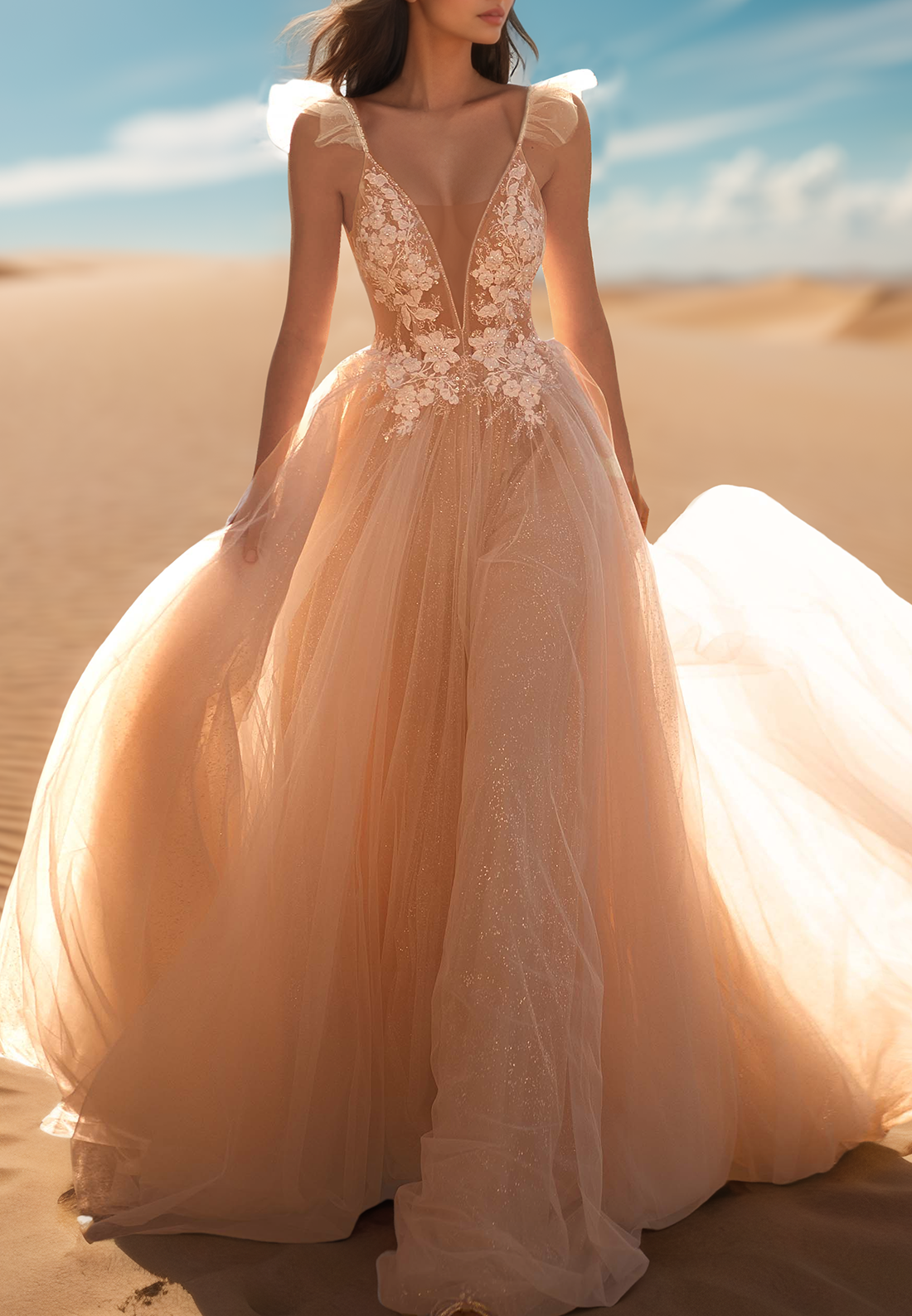 tulle a line wedding dress with floral appliques V-Neck Spaghetti Straps A-Line – Liymc Dress Fit:Regular A-line wedding dress, one Strapless Color Category_Dresses