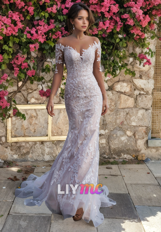 LW325 - Illusion Neckline Long Sleeves Lace Mermaid Wedding Dress