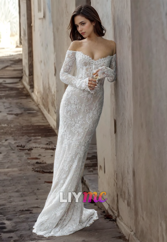 LW726 - Off-Shoulder Long Sleeves Lace Appliques Mermaid Wedding Dress