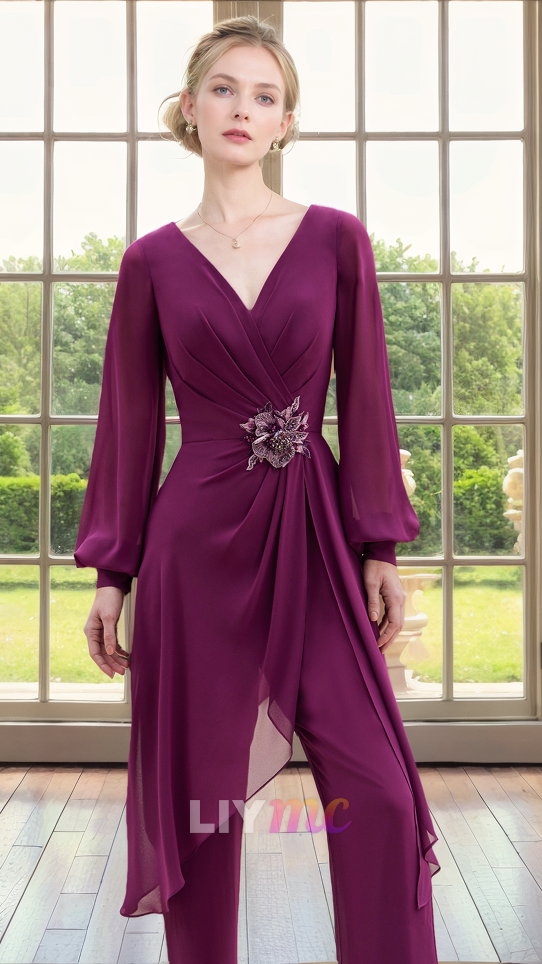 M1182 - V-Neck Jumpsuit Long Sleeves Ruched Chiffon Mother of Bride Dress Cocktail Dress