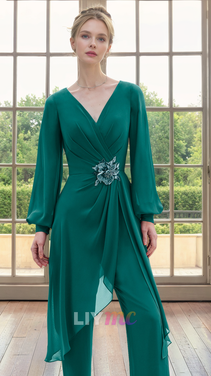 M1182 - V-Neck Jumpsuit Long Sleeves Ruched Chiffon Mother of Bride Dress Cocktail Dress