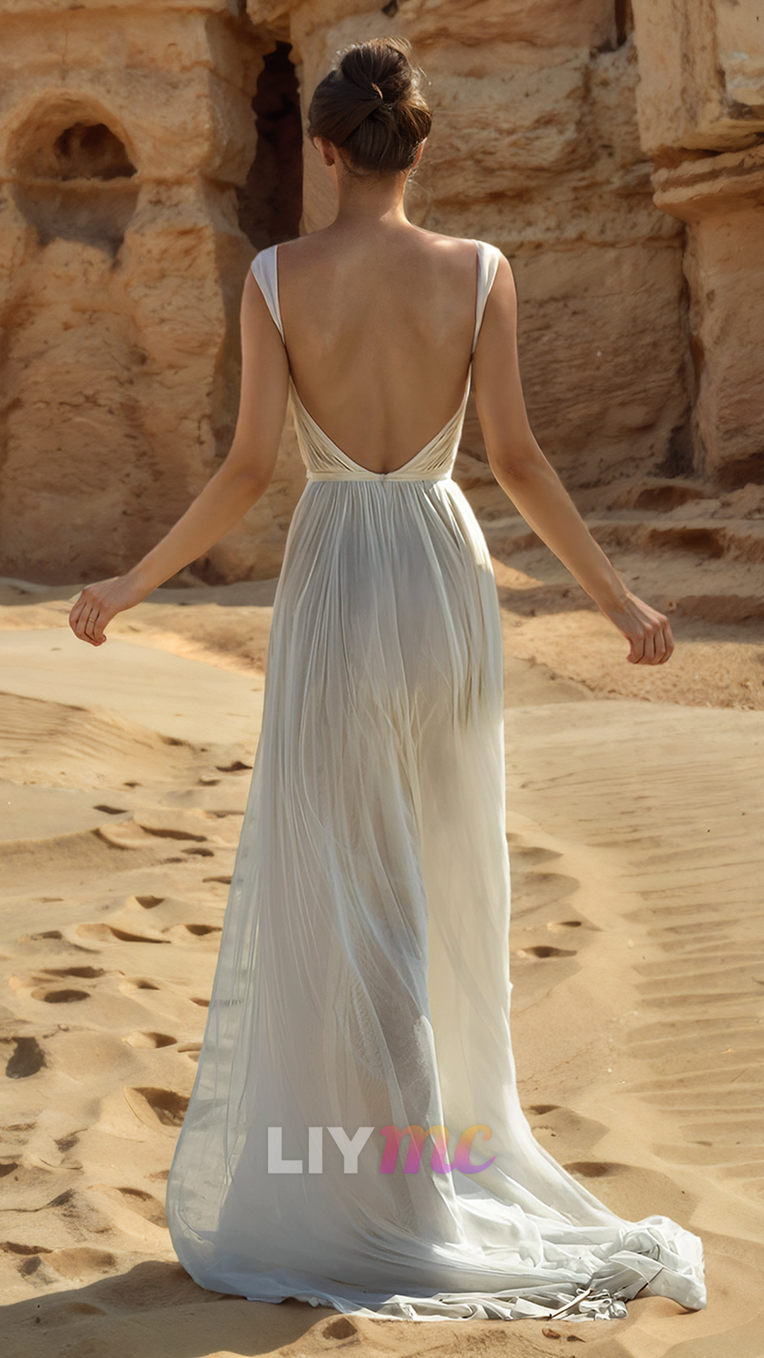 V-Neck Sleeveless Open Back Chiffon High Slit Beach Wedding Dress