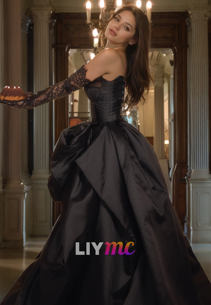 LP318 - Strapless Ruched Satin Long Ball Prom Evening Dress With Slit