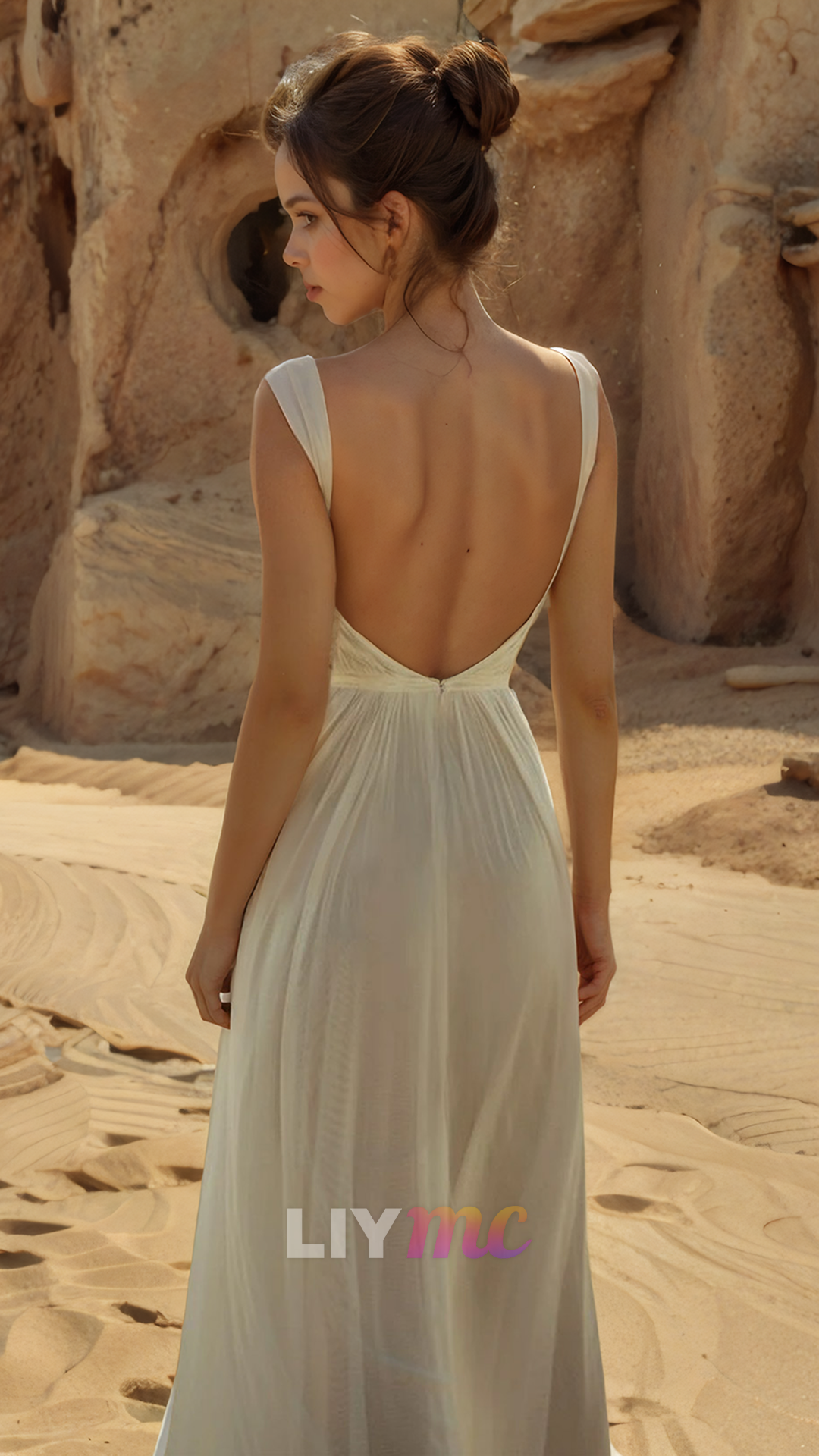 V-Neck Sleeveless Open Back Chiffon High Slit Beach Wedding Dress