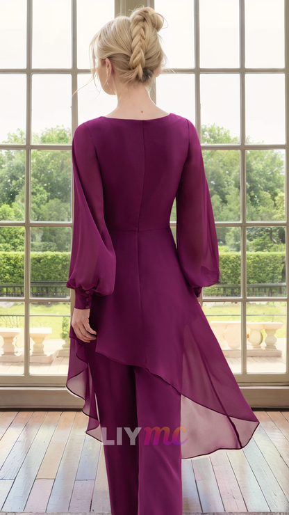 M1182 - V-Neck Jumpsuit Long Sleeves Ruched Chiffon Mother of Bride Dress Cocktail Dress