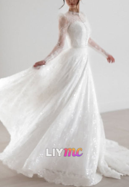 Half High Neck Long Sleeves Button Lace Appliques A-Line Wedding Dress
