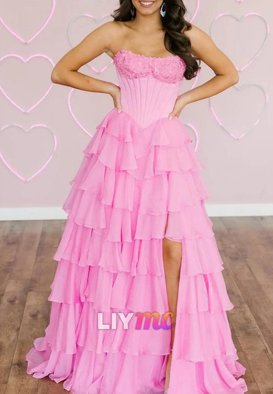 Strapless A Line Chiffon Tiered Prom Dresses With Appliques