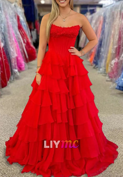Strapless A Line Chiffon Tiered Prom Dresses With Appliques