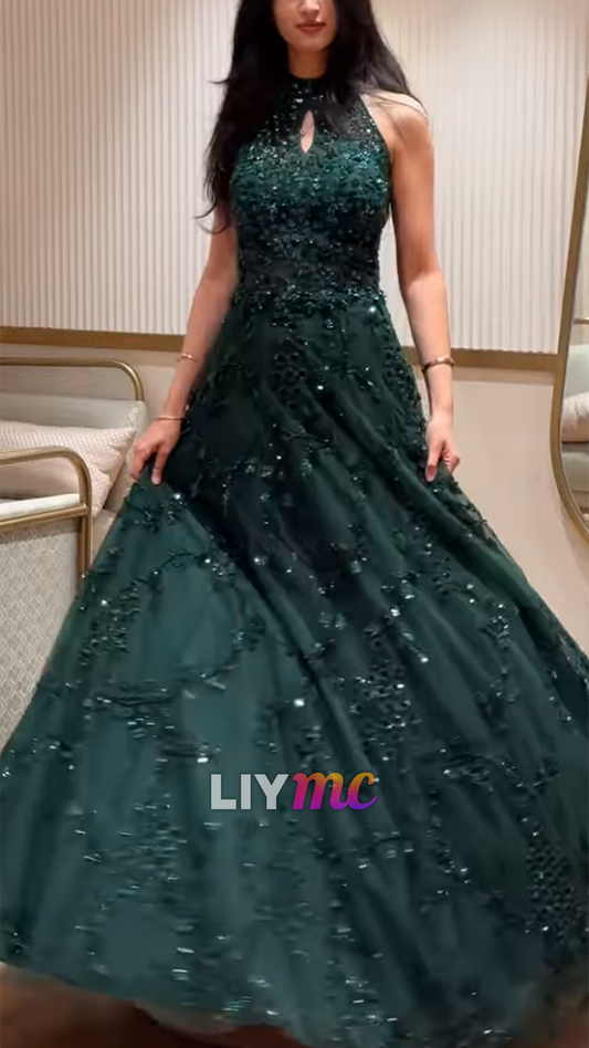 Halter Appliques Beaded Embroidery A-Line Evening Dress