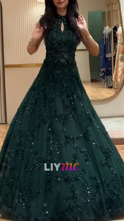 Halter Appliques Beaded Embroidery A-Line Evening Dress