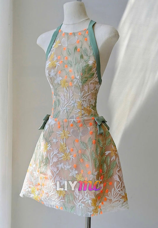 Halter Appliques Sleeveless A-Line Party Homecoming Dress