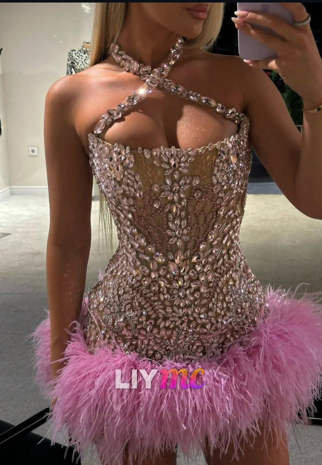 Halter Beaded Feathered Sheath Party Homecoming Dress