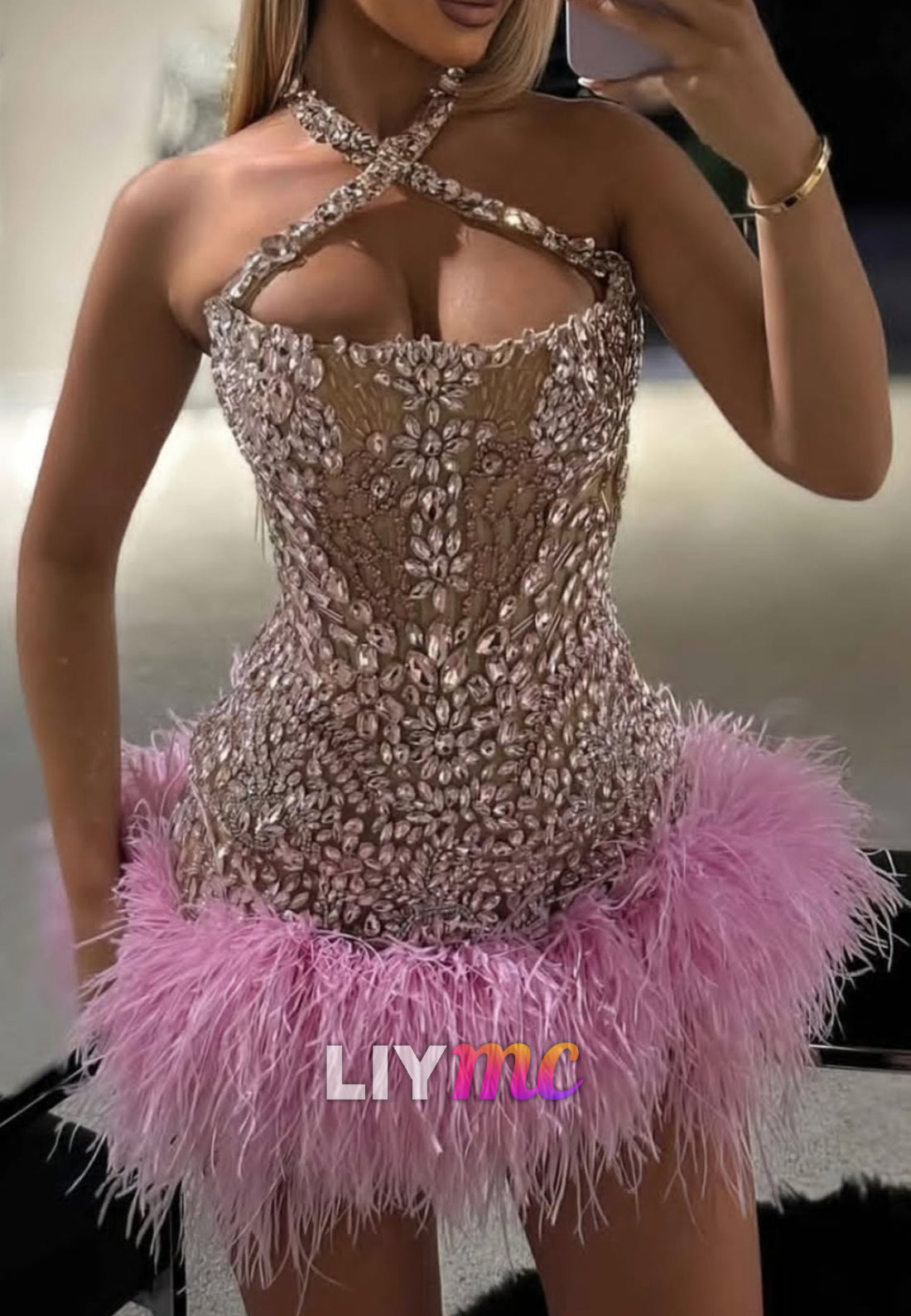 Halter Beaded Feathered Sheath Party Homecoming Dress