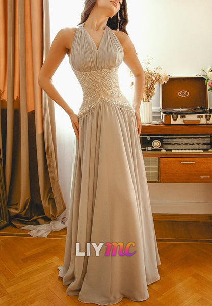 Halter Beaded Pleated Sleeveless A-Line Formal Dress