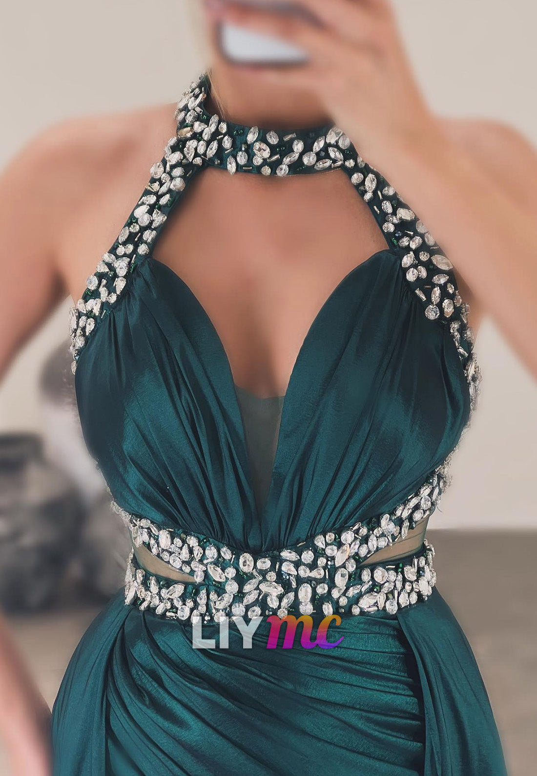 LP2267 - Halter Beaded V-Neck Sleeveless Pleated Sheath High Slit Prom Liymc LP2267 - Halter Beaded V-Neck Sleeveless Pleated Sheath High Slit Prom Liymc