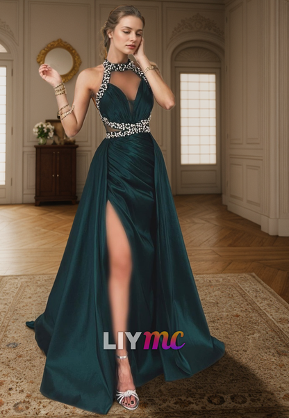 LP2267 - Halter Beaded V-Neck Sleeveless Pleated Sheath High Slit Prom Dress