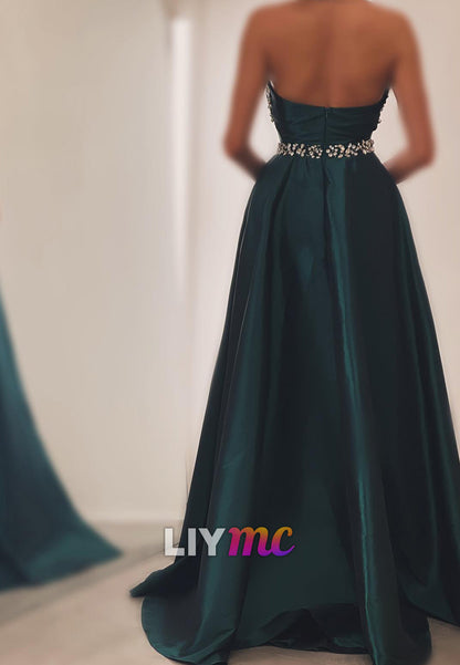 LP2267 - Halter Beaded V-Neck Sleeveless Pleated Sheath High Slit Prom Dress