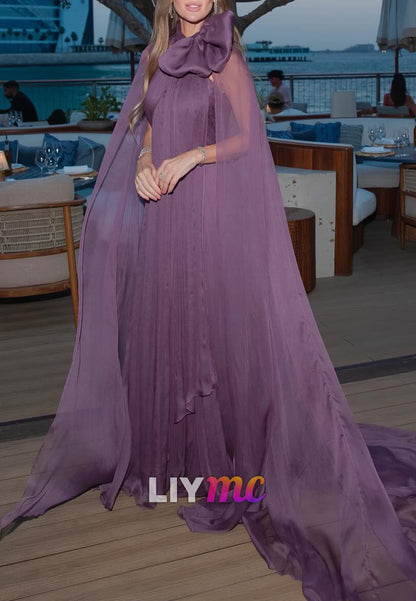 Halter Bow Pleated Flowy A-Line Evening Dress