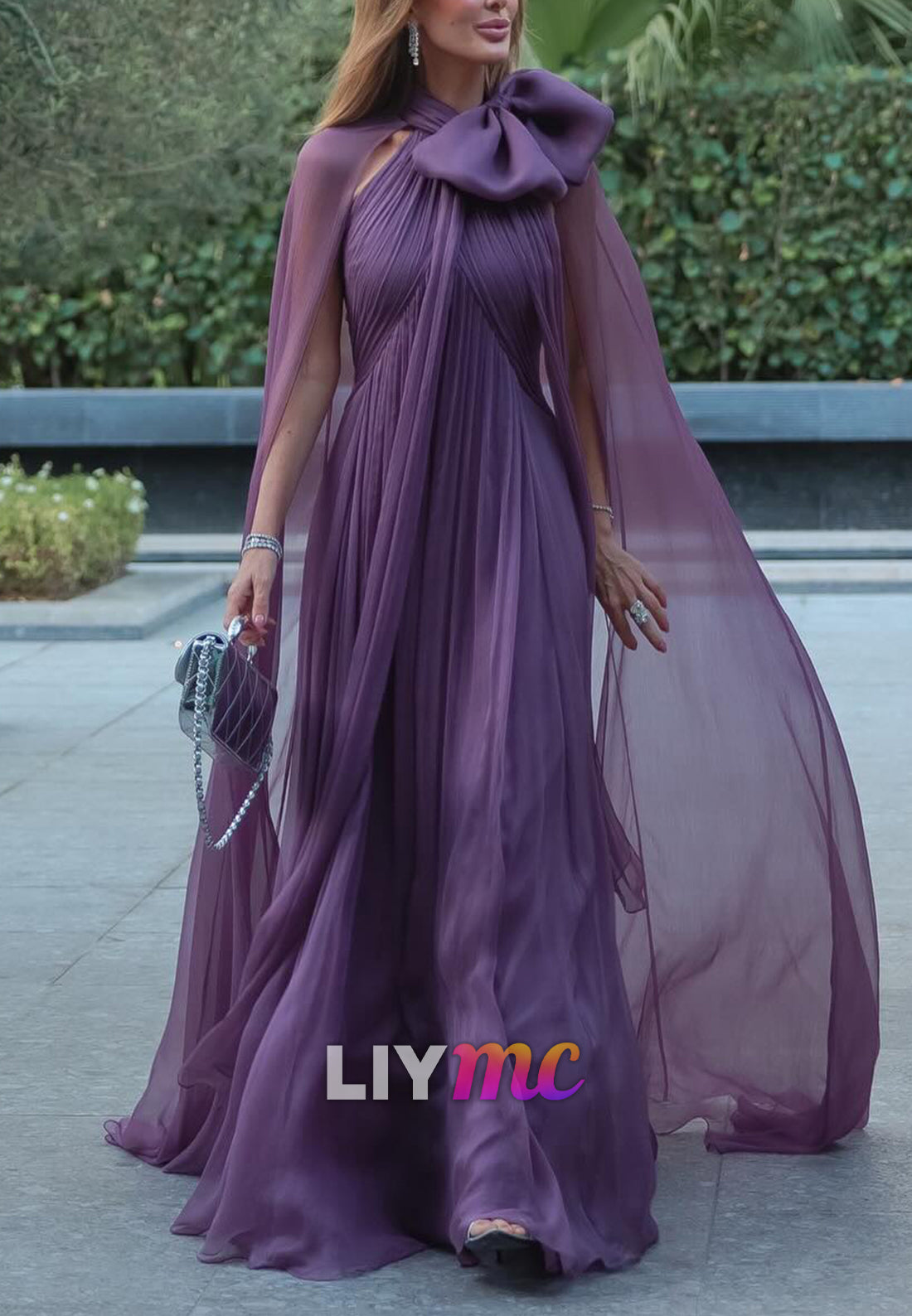 Halter Bow Pleated Flowy A-Line Evening Dress