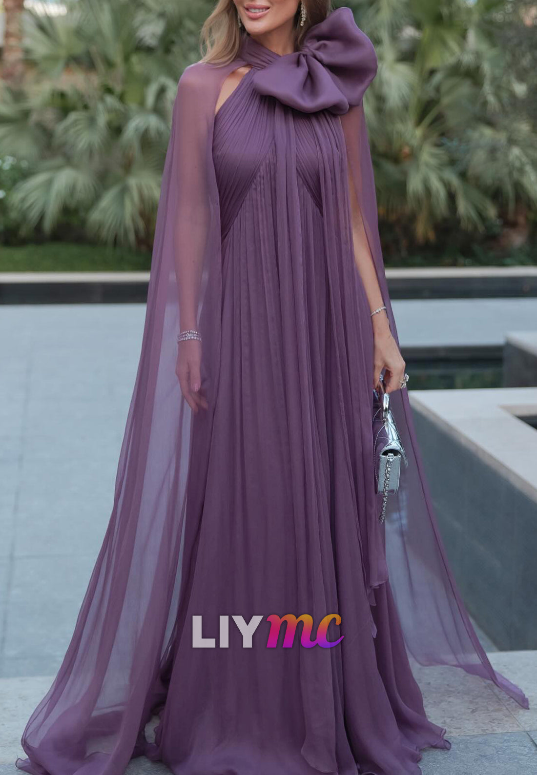 Halter Bow Pleated Flowy A-Line Evening Dress